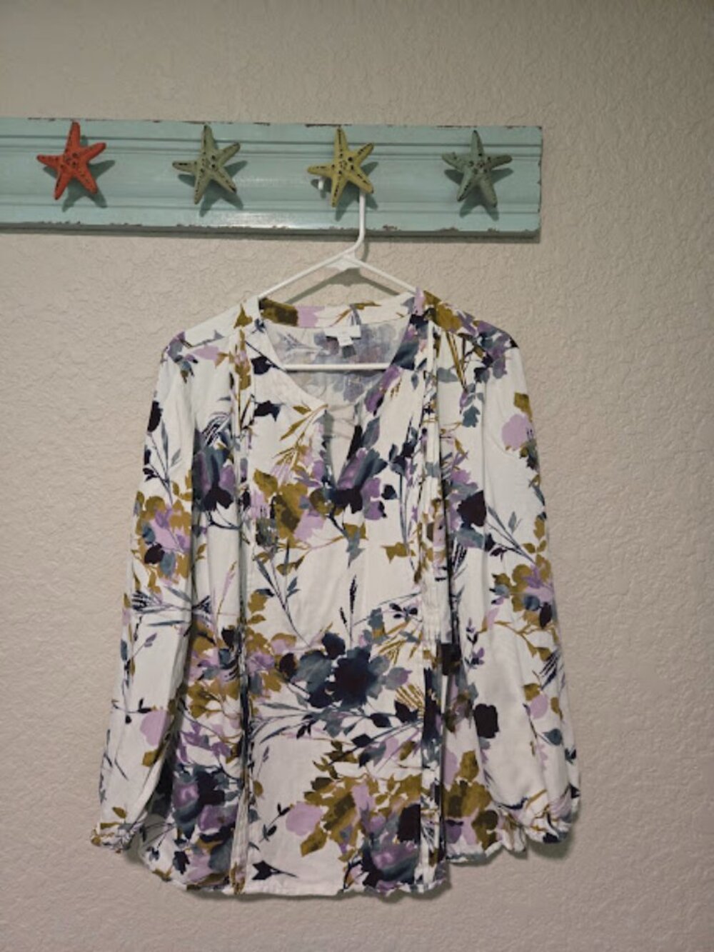 J. Jill Floral Linen Blend Long Sleeve Blouse XL Ivory Purple Olive Green Top